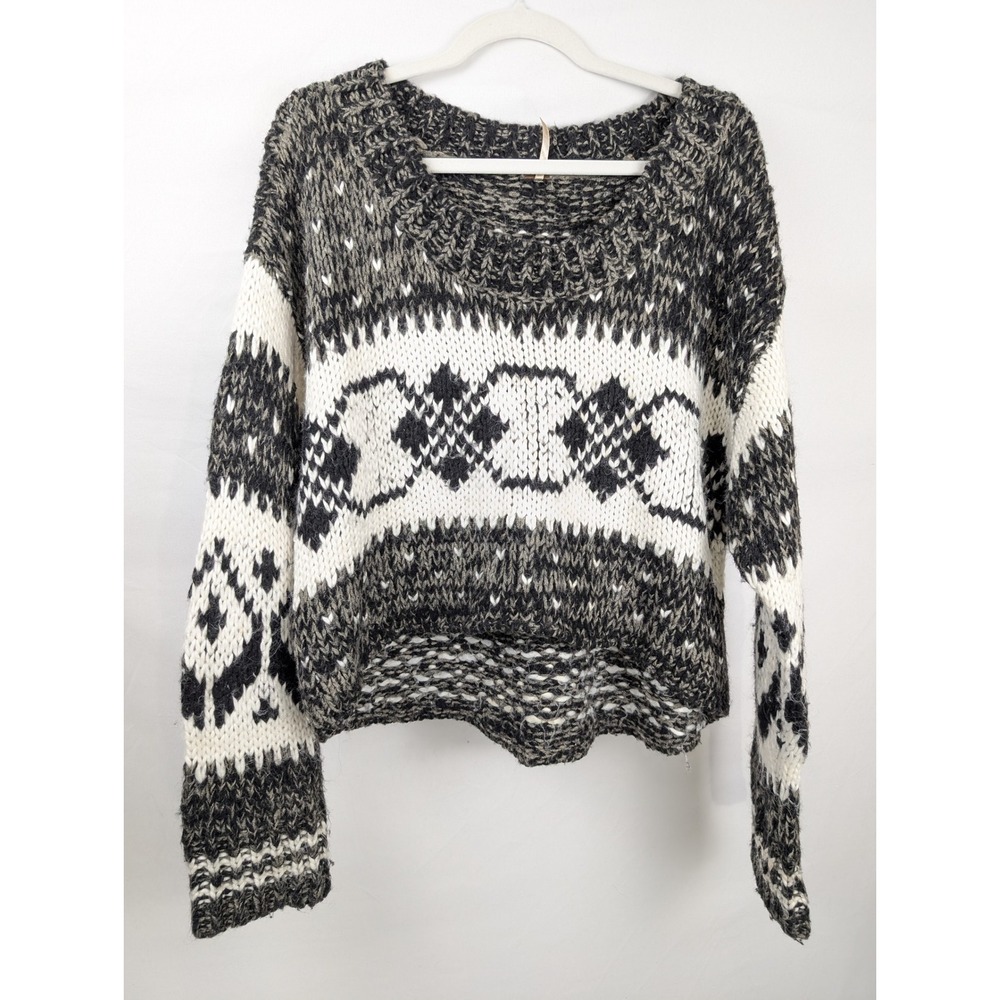 Free People Wool Fair Isle Sweater Size S Black Chunky Knit Nordic Cottagecore
